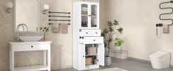 Tall Bathroom Storage Cabinet, Cabinet with Four Doors and Drawers, Adjustable Shelf, MDF Board, White