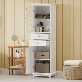 Tall Bathroom Storage Cabinet with Glass Doors, Free-Standing, Two Drawers, and Adjustable Shelves, MDF Board (Color: as Pic)